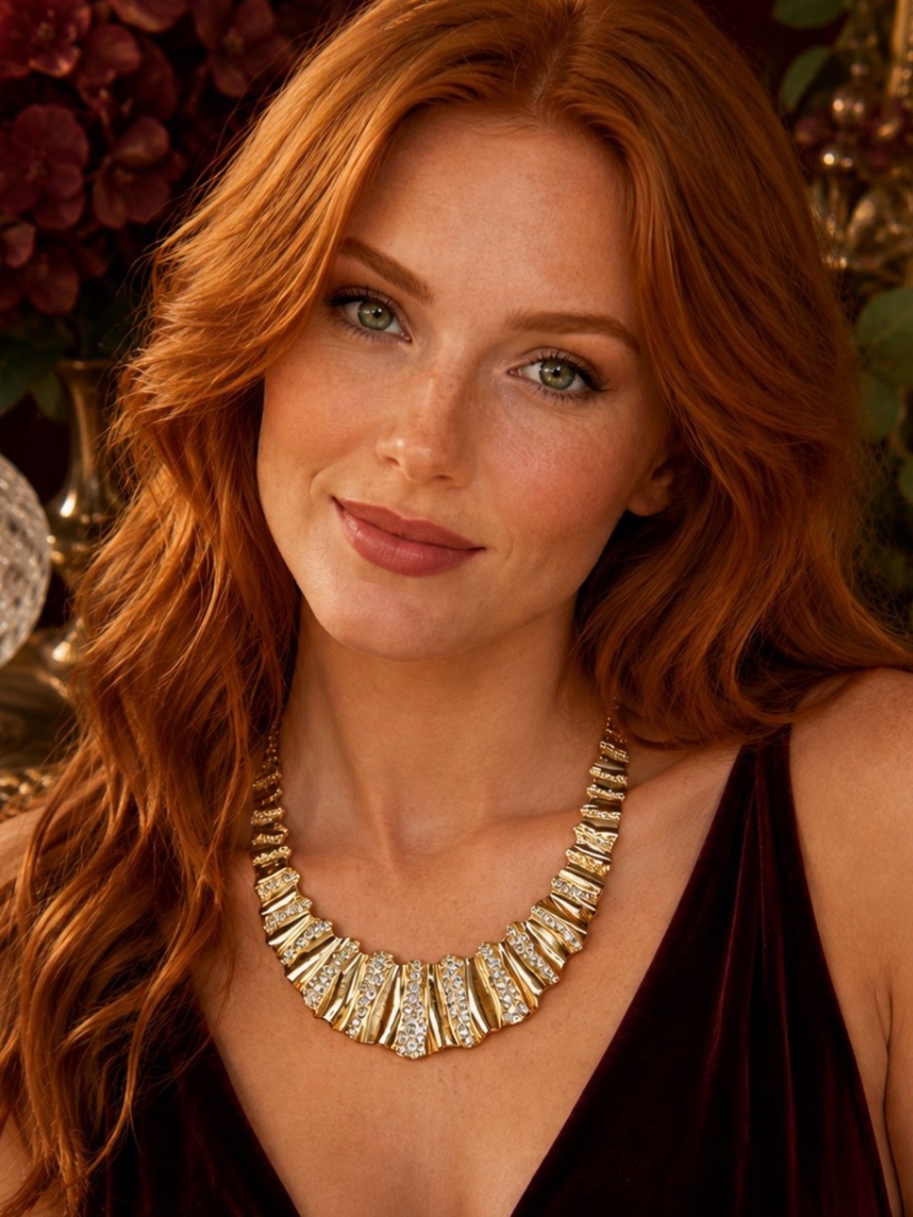 GIVENCHY Vintage Gold-tone Crystal Rhinestone Ripple Texture Statement Necklace
